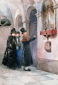 GIACOMO CAMPI, People at the Door of a House, watercolour